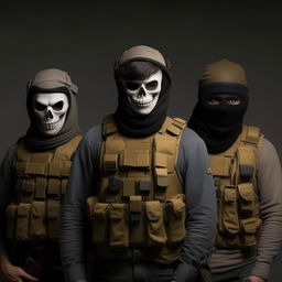 kidnappers in skeleton face mask, bullet proof vests over semi-combatant attire