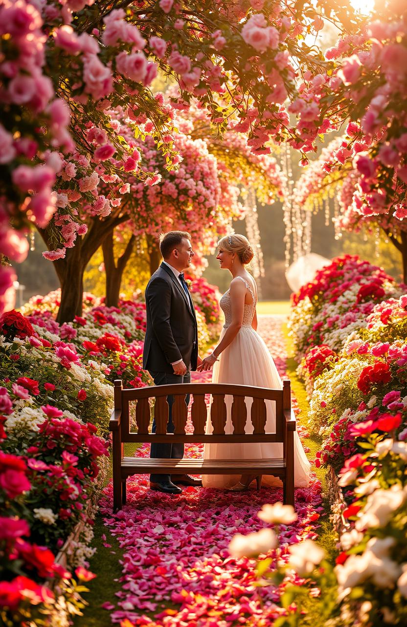 A sprawling, vibrant garden filled with blooming flowers in shades of red, pink, and white, symbolizing love