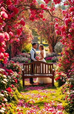 A sprawling, vibrant garden filled with blooming flowers in shades of red, pink, and white, symbolizing love