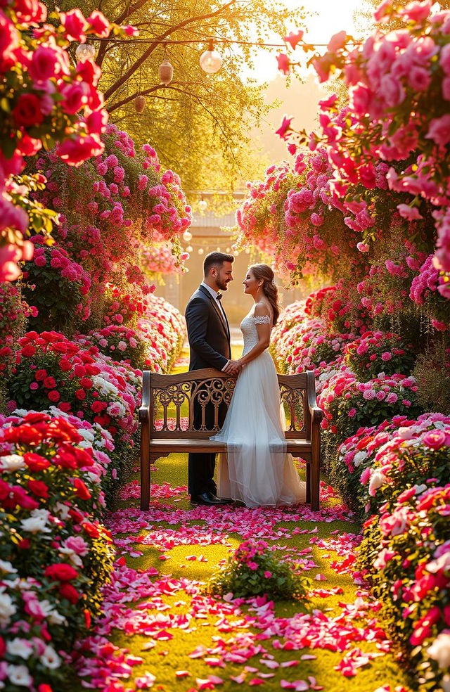 A sprawling, vibrant garden filled with blooming flowers in shades of red, pink, and white, symbolizing love