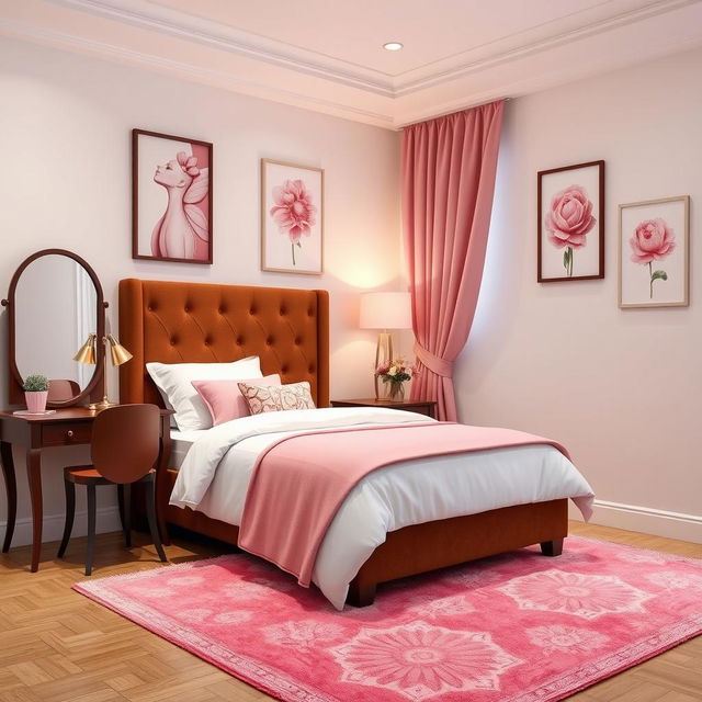 A cozy bedroom featuring a single bed with a brown headboard, elegantly designed