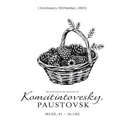 A black and white hand-drawn graphic poster for an exhibition at a museum dedicated to the writer Konstantin Paustovsky