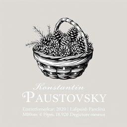 A black and white hand-drawn graphic poster for an exhibition at a museum dedicated to the writer Konstantin Paustovsky