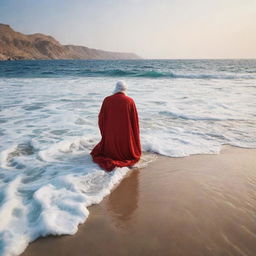 Standing at the edge of the broad, undulating expanse of the Red Sea, Prophet Moses, his staff at his side, kneels in earnest prayer to Allah, his words resonating with unwavering faith and humility.