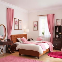 A cozy bedroom featuring a single bed with a brown headboard, elegantly designed