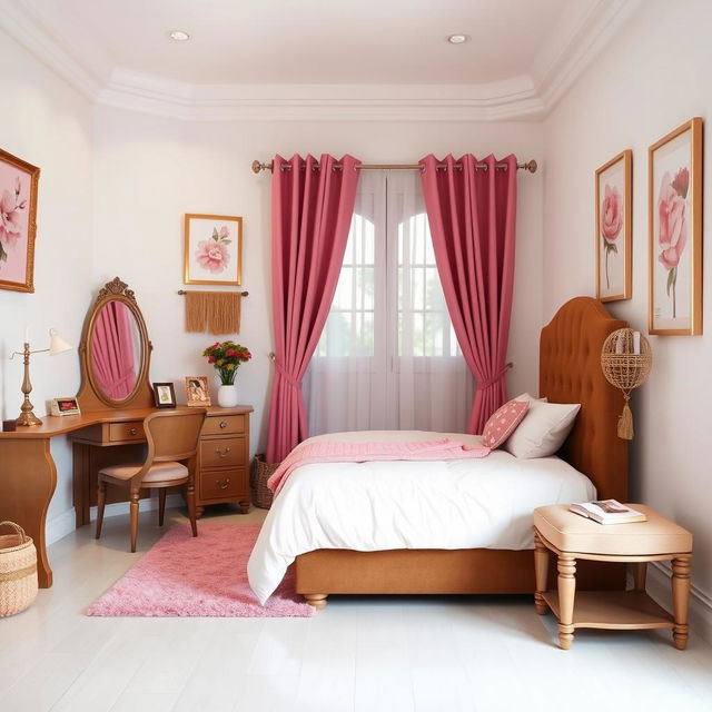 A cozy bedroom featuring a single bed with a brown headboard, elegantly designed