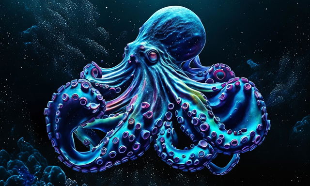 HD digital art wallpaper featuring an intricately detailed octopus in an ultra-intense photographic style set against the backdrop of the deep sea.