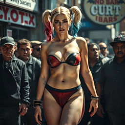 A sad and terrified Harley Quinn, wearing a strapless bikini that showcases her big breast cleavage and sexy legs with a low waist panty, stands overwhelmed by a dense crowd of rough men outside a cheap bar in Gotham during the day