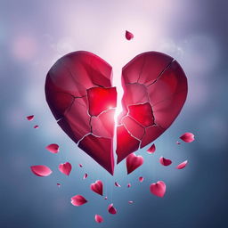 A visually striking representation of a broken heart, artistically depicted as a large heart shape fractured into several pieces