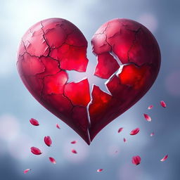 A visually striking representation of a broken heart, artistically depicted as a large heart shape fractured into several pieces