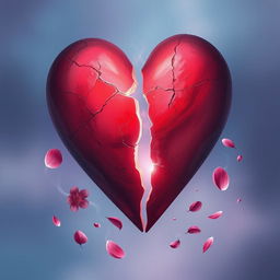 A visually striking representation of a broken heart, artistically depicted as a large heart shape fractured into several pieces