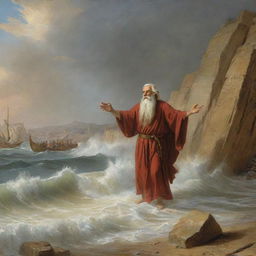 Prophet Moses strikes his wooden staff upon the banks of the Red Sea. Abruptly, the mighty sea parts, forming towering walls of water on either side, revealing a dry path - a miraculous escape for Moses and his followers.