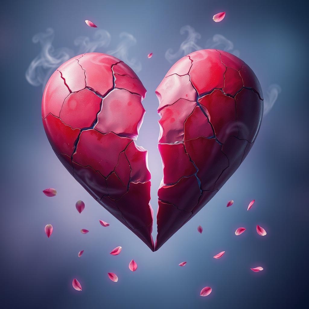 A visually striking representation of a broken heart, artistically depicted as a large heart shape fractured into several pieces