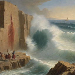 Prophet Moses strikes his wooden staff upon the banks of the Red Sea. Abruptly, the mighty sea parts, forming towering walls of water on either side, revealing a dry path - a miraculous escape for Moses and his followers.