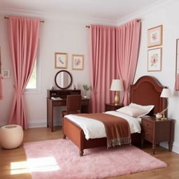 A cozy bedroom featuring a single bed with a brown headboard, elegantly designed