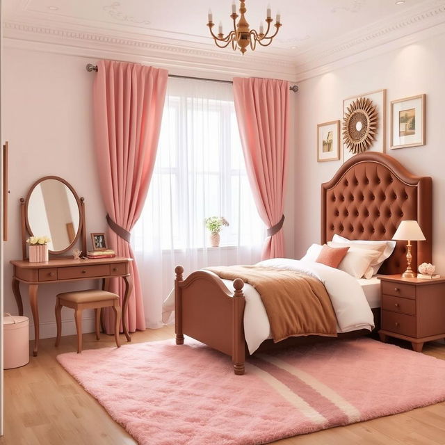 A cozy bedroom featuring a single bed with a brown headboard, elegantly designed