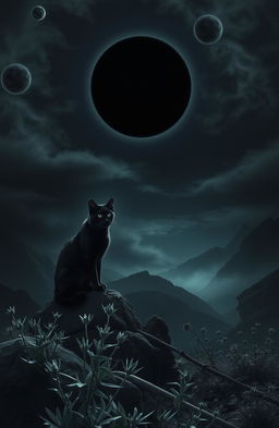 A mystical scene featuring a striking black sun casting an eerie glow over a dark, enchanted landscape