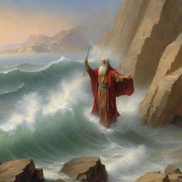 Prophet Moses strikes his wooden staff upon the banks of the Red Sea. Abruptly, the mighty sea parts, forming towering walls of water on either side, revealing a dry path - a miraculous escape for Moses and his followers.