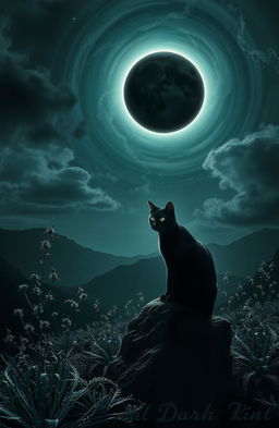 A mystical scene featuring a striking black sun casting an eerie glow over a dark, enchanted landscape