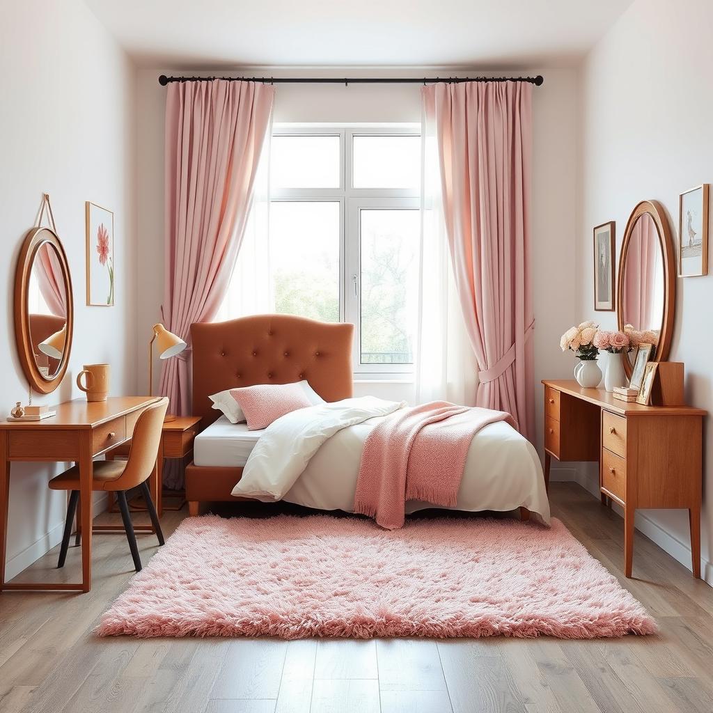 A cozy bedroom featuring a single bed with a brown headboard, elegantly designed for comfort