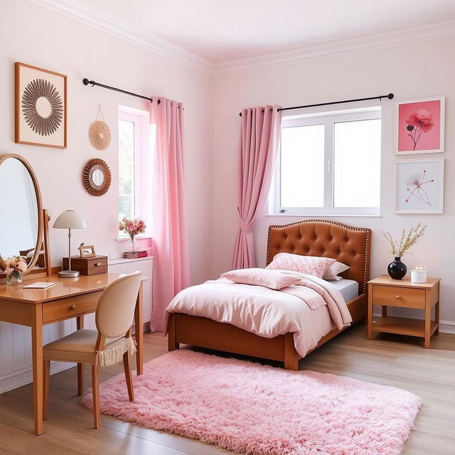 A cozy bedroom featuring a single bed with a brown headboard, elegantly designed for comfort