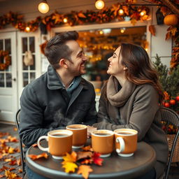 A warm and inviting scene at a cozy coffee shop in a suburban area during autumn