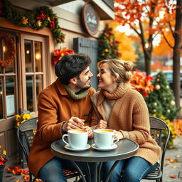A warm and inviting scene at a cozy coffee shop in a suburban area during autumn