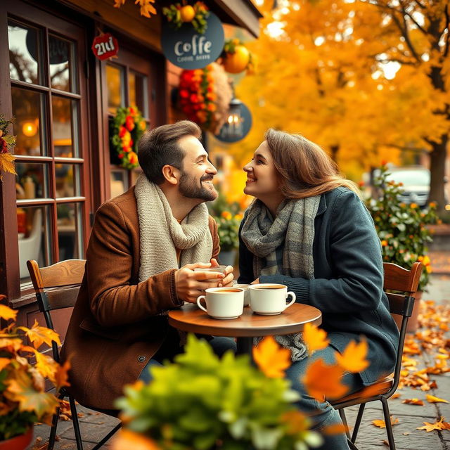 A warm and inviting scene at a cozy coffee shop in a suburban area during autumn