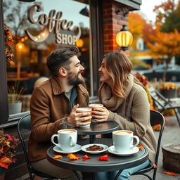 A warm and inviting scene at a cozy coffee shop in a suburban area during autumn