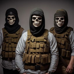 kidnappers in skeleton face mask, bullet proof vests over semi-combatant attire