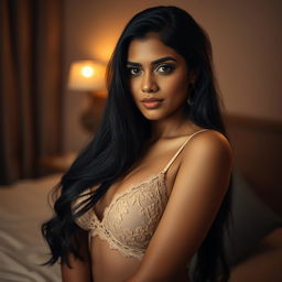 A stunning Indian woman with long, flowing black hair and beautiful features, in a sensual and intimate setting