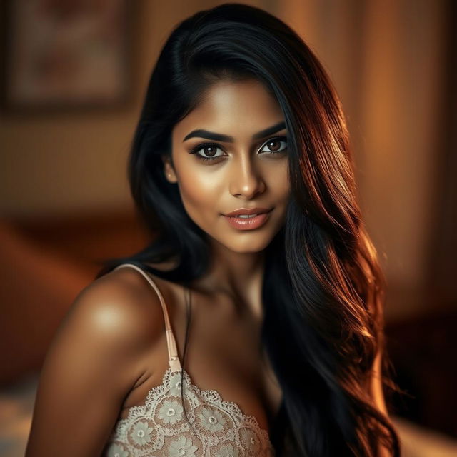 A stunning Indian woman with long, flowing black hair and beautiful features, in a sensual and intimate setting