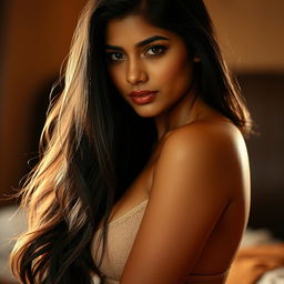 A stunning Indian woman with long, flowing black hair and beautiful features, in a sensual and intimate setting