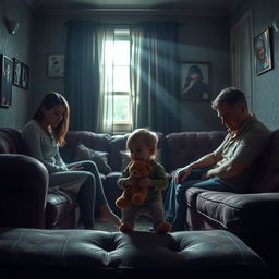 A poignant and emotionally charged scene depicting a broken family
