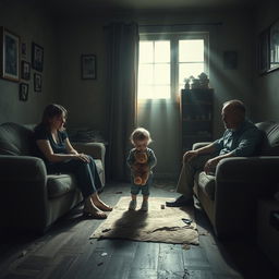 A poignant and emotionally charged scene depicting a broken family