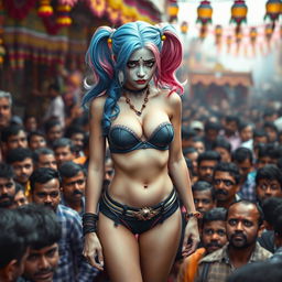 A sad and terrified Harley Quinn-inspired character with striking blue and pink hair, wearing a strapless bikini that highlights her big breast cleavage and emphasizes her sexy legs with a low-waisted panty