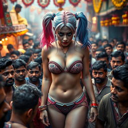 A cinematic scene featuring a sad and terrified Harley Quinn-inspired character with vibrant blue and pink hair, wearing a strapless bikini that showcases her big breast cleavage and sexy legs, adorned with a low-waisted panty
