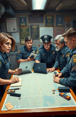 A dynamic scene depicting a team of underdog police officers strategizing in their station, each officer showing a unique personality and background