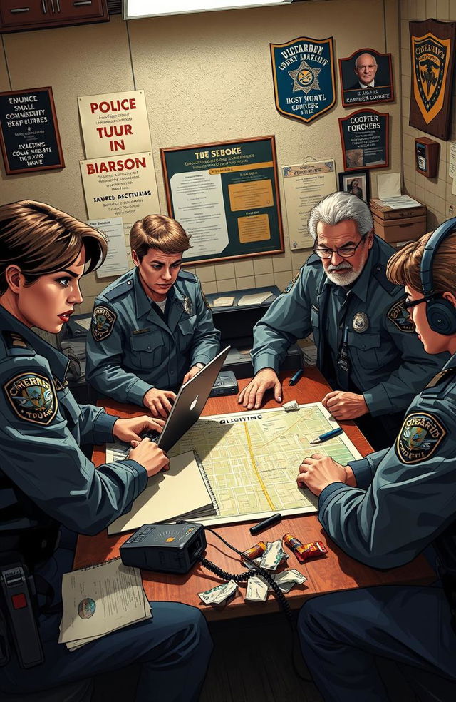 A dynamic scene depicting a team of underdog police officers strategizing in their station, each officer showing a unique personality and background