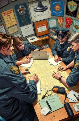 A dynamic scene depicting a team of underdog police officers strategizing in their station, each officer showing a unique personality and background