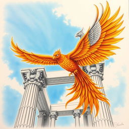 A majestic phoenix with vibrant feathers, intricately detailed, soaring gracefully through a bright blue sky towards an ancient stone tower