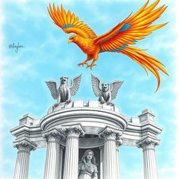 A majestic phoenix with vibrant feathers, intricately detailed, soaring gracefully through a bright blue sky towards an ancient stone tower