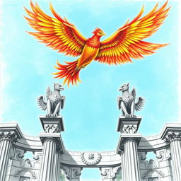 A majestic phoenix with vibrant feathers, intricately detailed, soaring gracefully through a bright blue sky towards an ancient stone tower