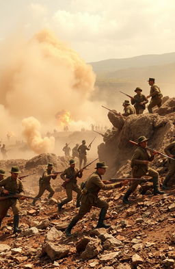 An intense battlefield scene from the Second Boer War, depicting brave soldiers in action amidst the chaos of conflict