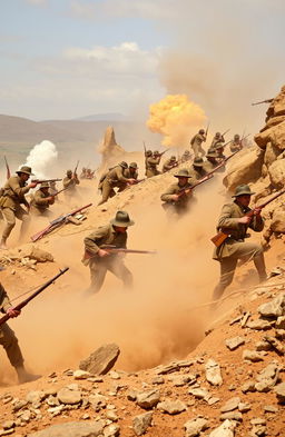 An intense battlefield scene from the Second Boer War, depicting brave soldiers in action amidst the chaos of conflict