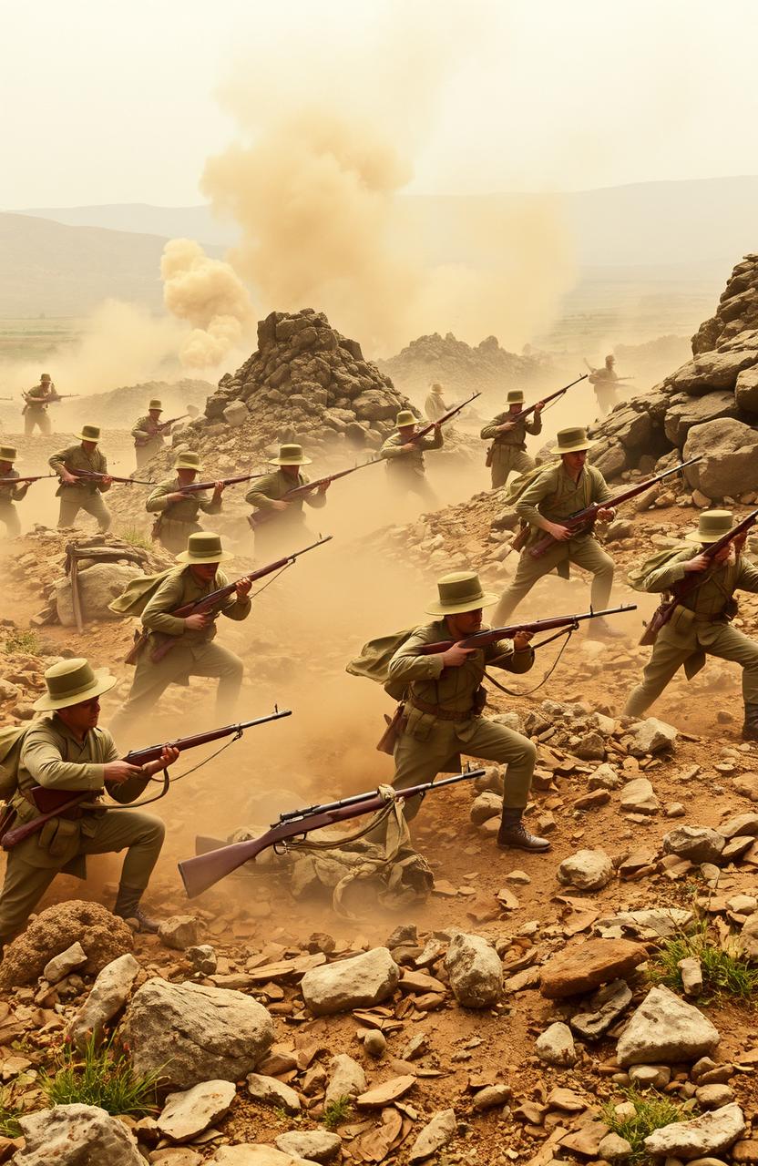 An intense battlefield scene from the Second Boer War, depicting brave soldiers in action amidst the chaos of conflict