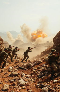 An intense battlefield scene from the Second Boer War, depicting brave soldiers in action amidst the chaos of conflict