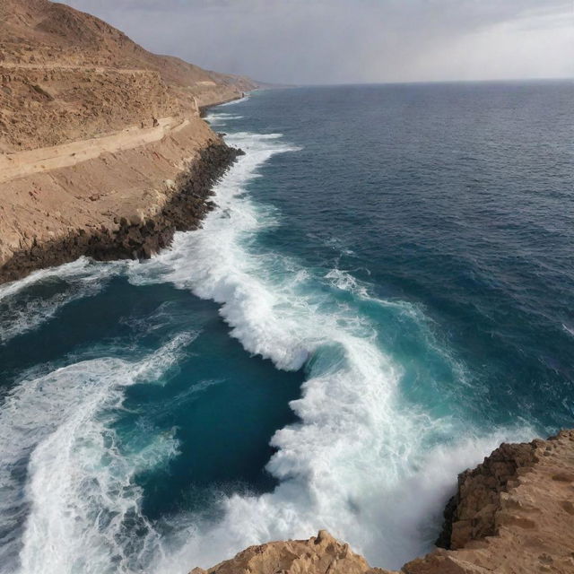 A moment of divine intervention: the previously tranquil waters of the Red Sea cleave apart with a thunderous roar, high walls of water held at bay, revealing a miraculously dry pathway in the midst of the sea.