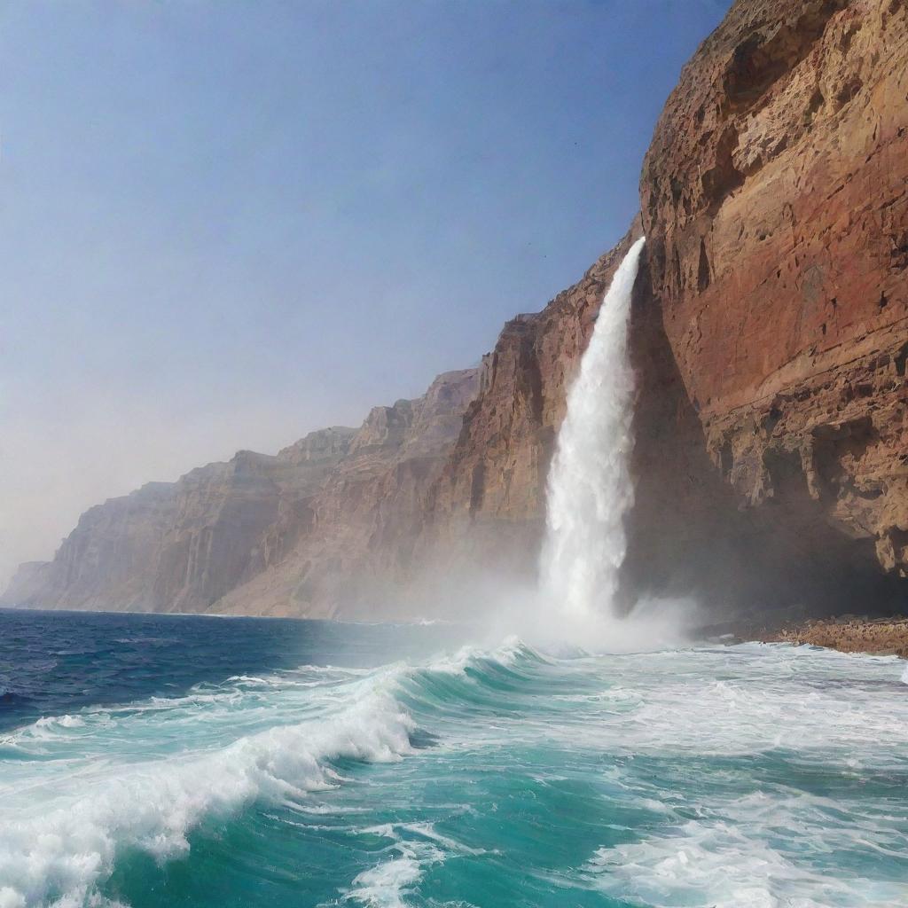 Following a divine command, the Red Sea parts spectacularly into two, creating towering walls of unyielding water, held at bay as if by invisible hands, allowing a dry path to emerge in the midst.