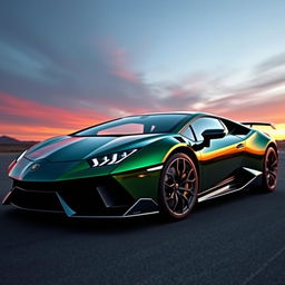 A sleek and powerful Lamborghini Demon, featuring a striking design with sharp angles and aerodynamic curves, painted in an eye-catching metallic green finish